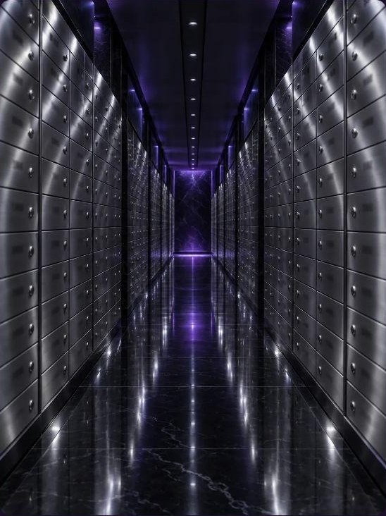 Vault corridor lined with steel safe deposit boxes under violet light