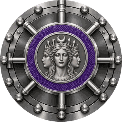 Vaultify emblem: a three faced Hecate medallion at the center of a vault door ringed in royal purple