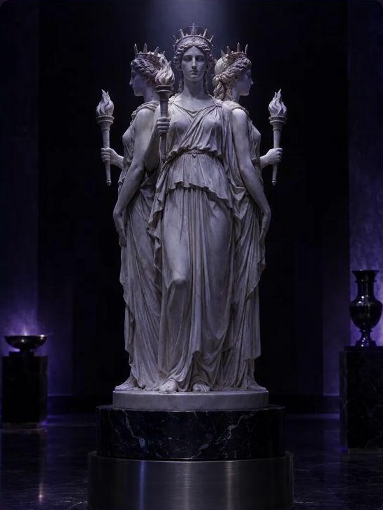 Marble statue of the three bodied goddess Hecate holding torches