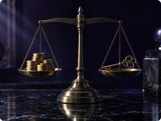 Brass balance scale on black marble with gold coins and an antique key