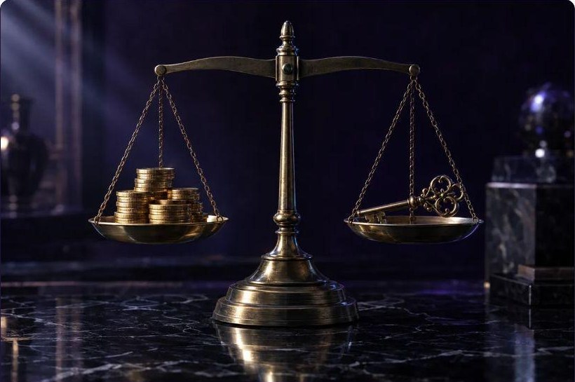 Antique brass balance scale with gold coins on one pan and an ornate key on the other