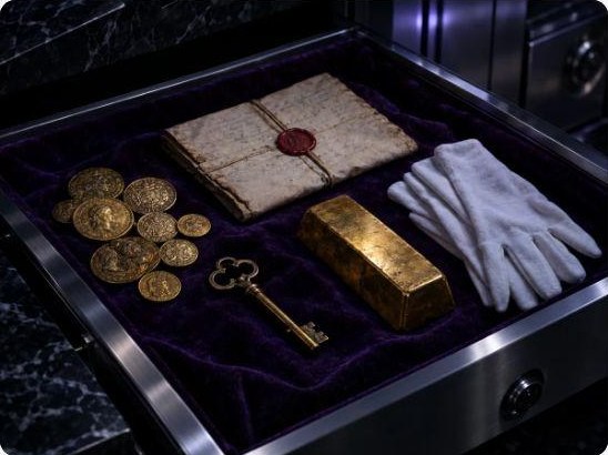 Velvet lined vault tray holding gold coins, a wax sealed letter, a gold bar, an antique key and white handling gloves